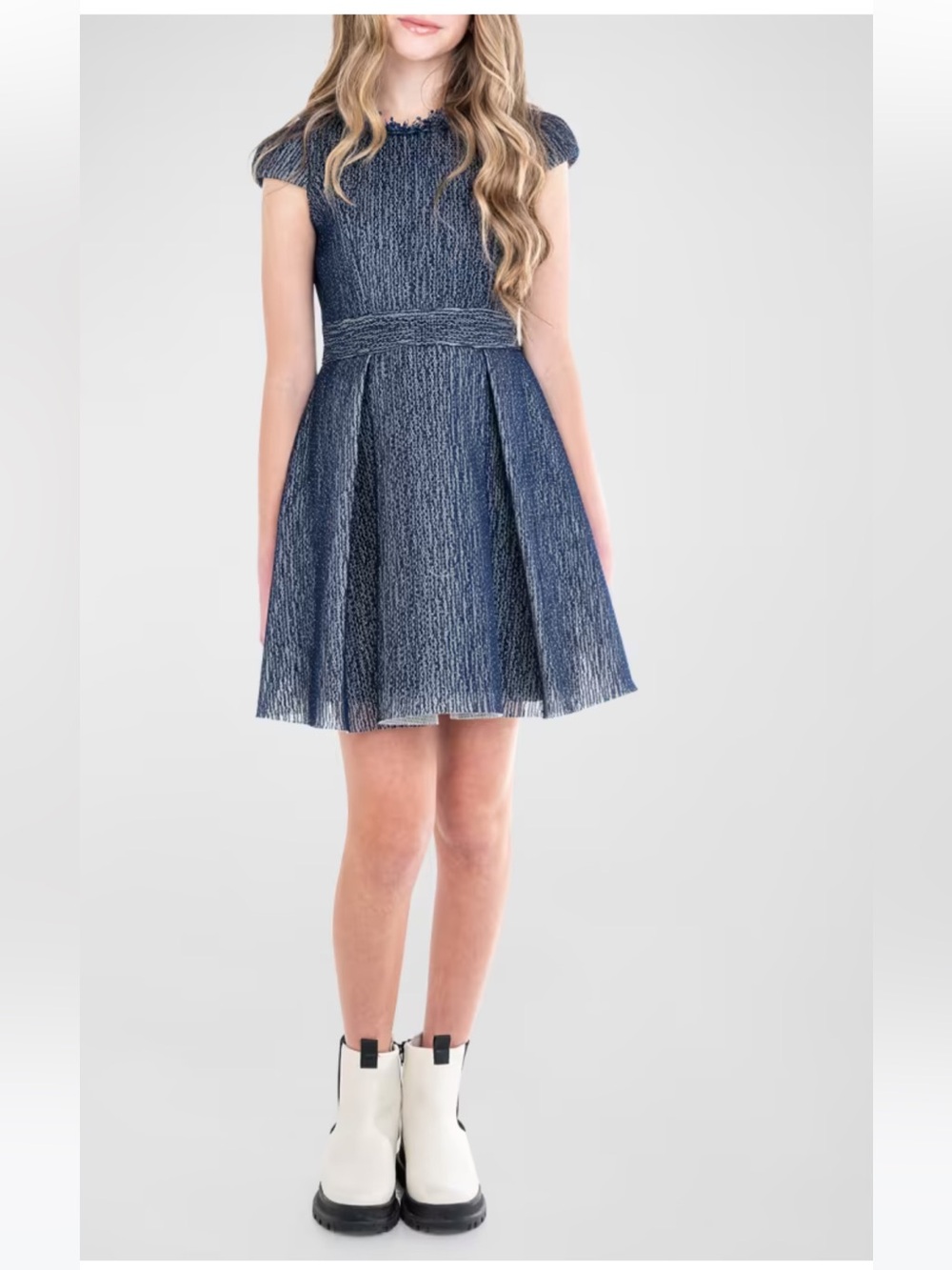 Zoe navy and gold fringe collar knitted dress